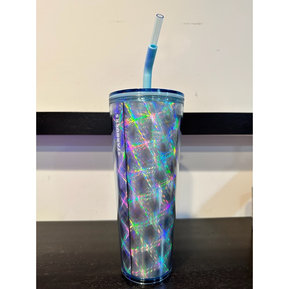 Starbucks Silver Metallic Holographic Star Checkered Slant Straw Cup 2024 - Picture 6 of 9